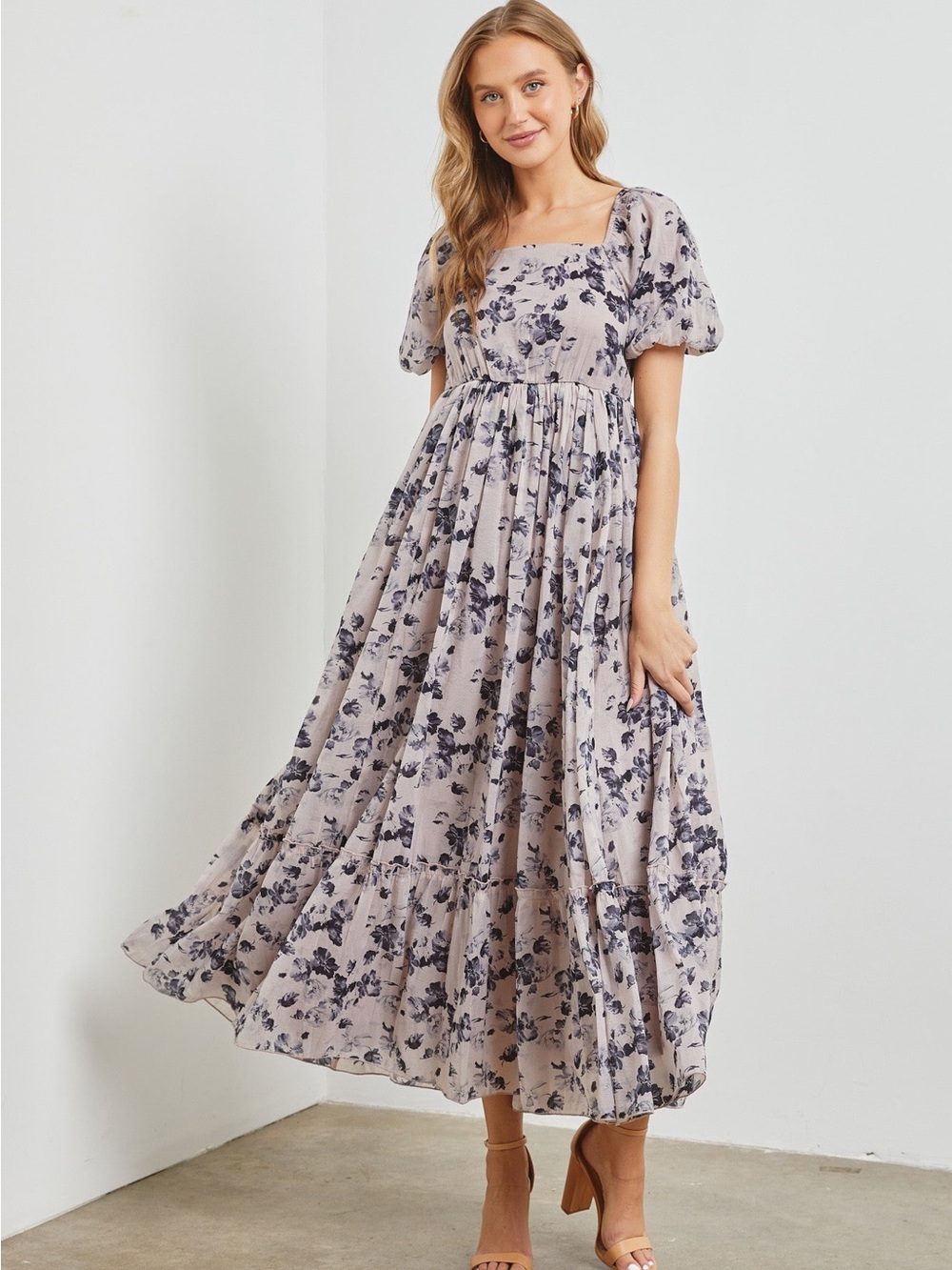 Square-Neck Puff Sleeve Maxi Dress - Blush Floral